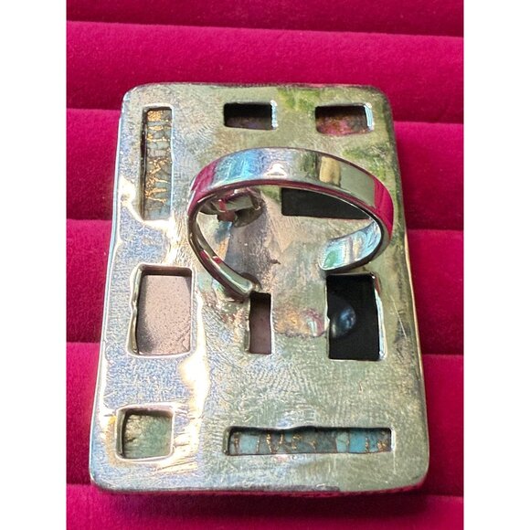 HUGE Sterling Silver Adjustable Ring Onyx Turquoise Spiny Oyster - Picture 5 of 8